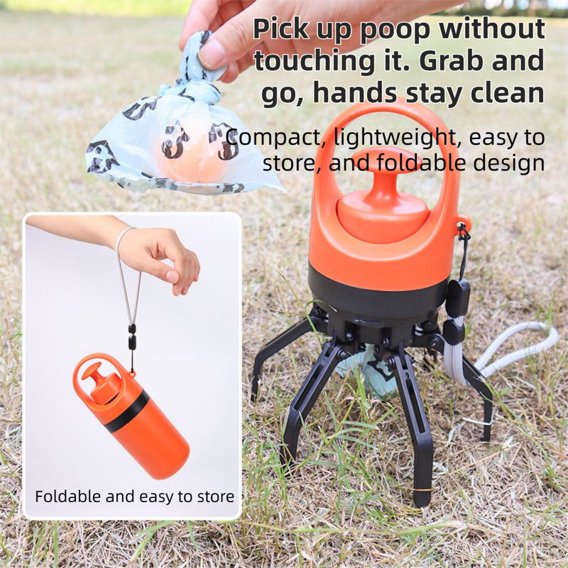 Orange Foldable 6-Claw Pet Pooper Scooper with Integrated Waste Bag Dispenser & 1 Roll of Bags - Durable One-Handed Operation for Outdoor Walking