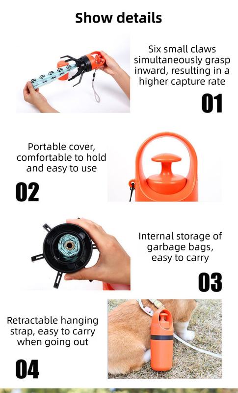 Orange Foldable 6-Claw Pet Pooper Scooper with Integrated Waste Bag Dispenser & 1 Roll of Bags - Durable One-Handed Operation for Outdoor Walking