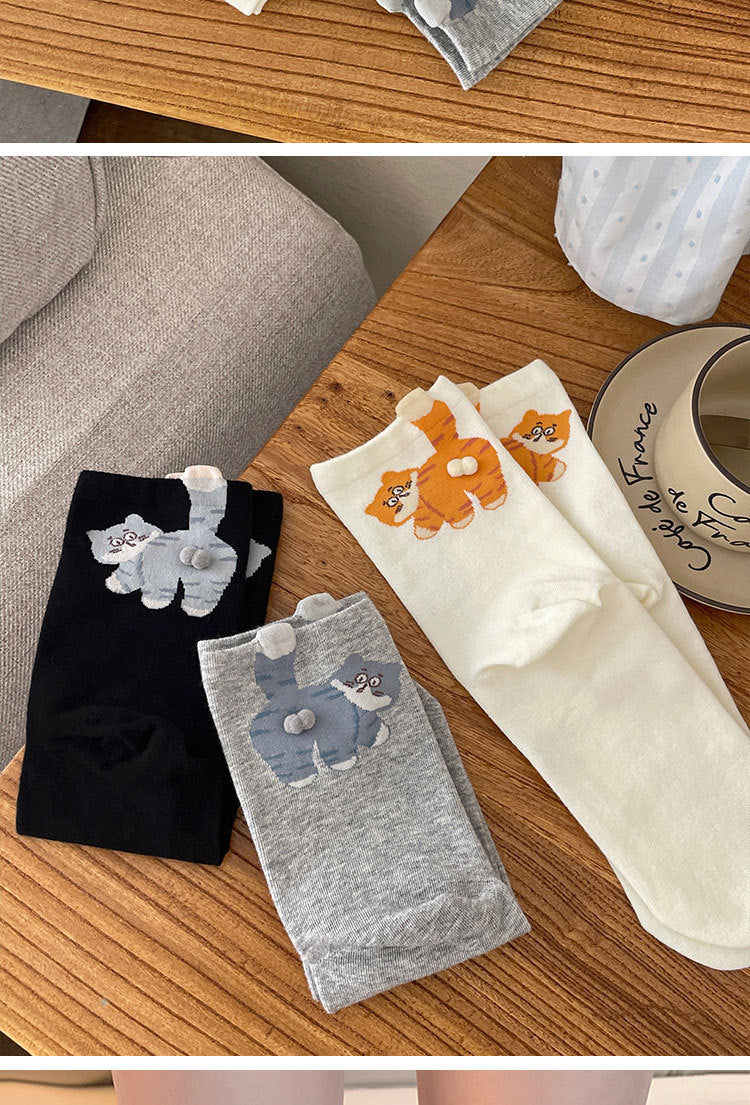 6-Pair Cute 3D Cartoon Cat Mid Socks - Breathable & Odor-Resistant Cotton Blend with Fun & Quirky Cat Pattern