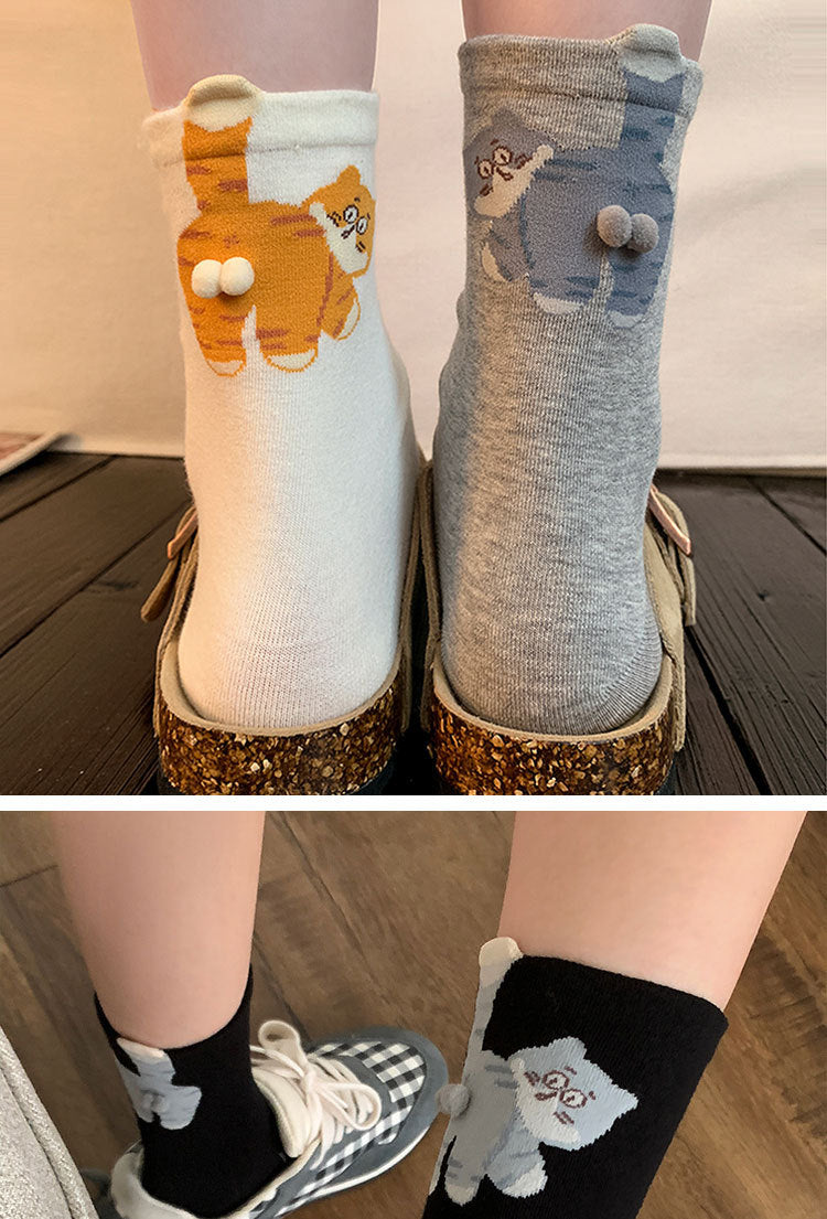6-Pair Cute 3D Cartoon Cat Mid Socks - Breathable & Odor-Resistant Cotton Blend with Fun & Quirky Cat Pattern