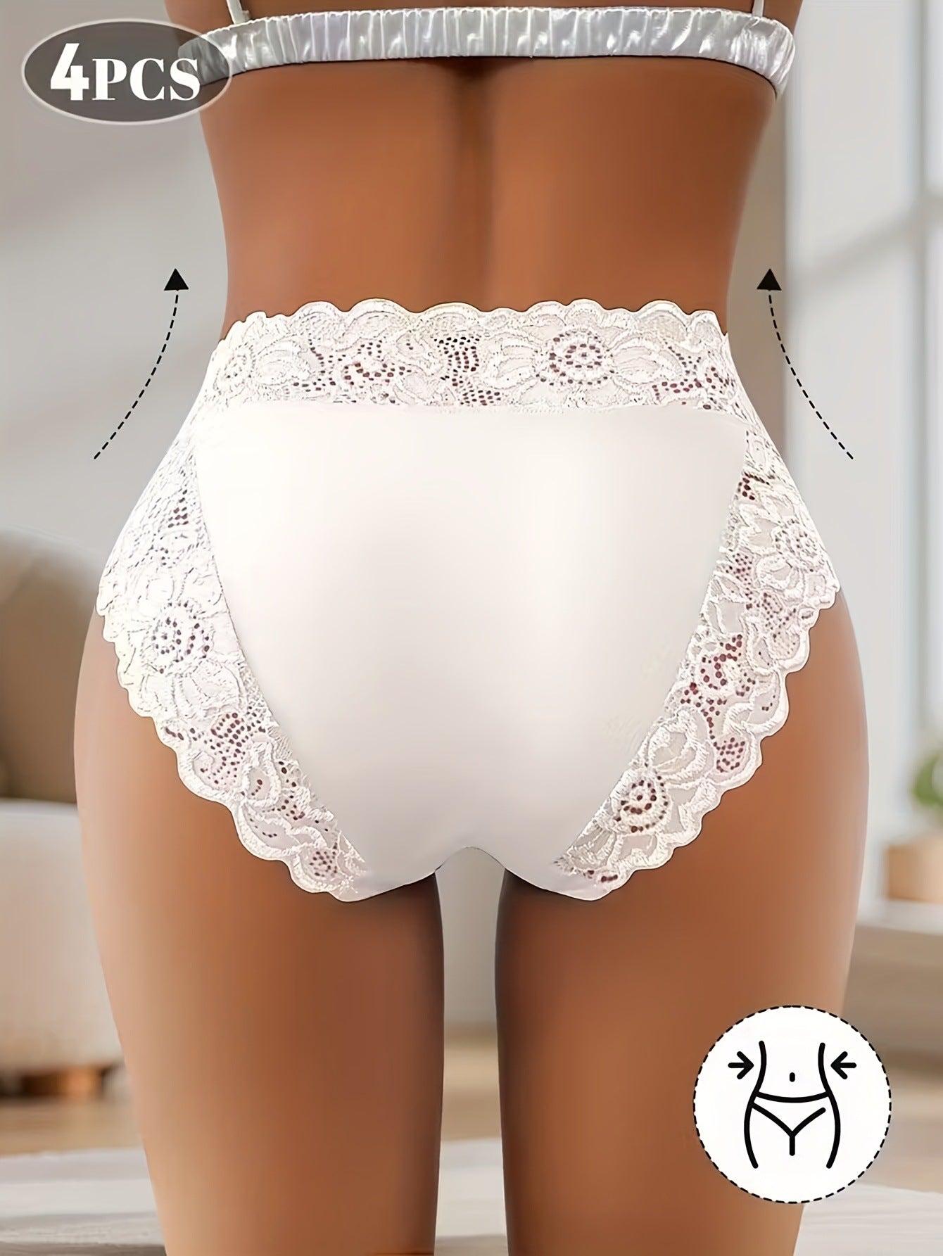 4-Pack White Elegant High-Waist Lace Panties for Women(Size 2XL) - Tummy Control & Butt Lifting Briefs, Breathable Underwear with Cotton Crotch Lining