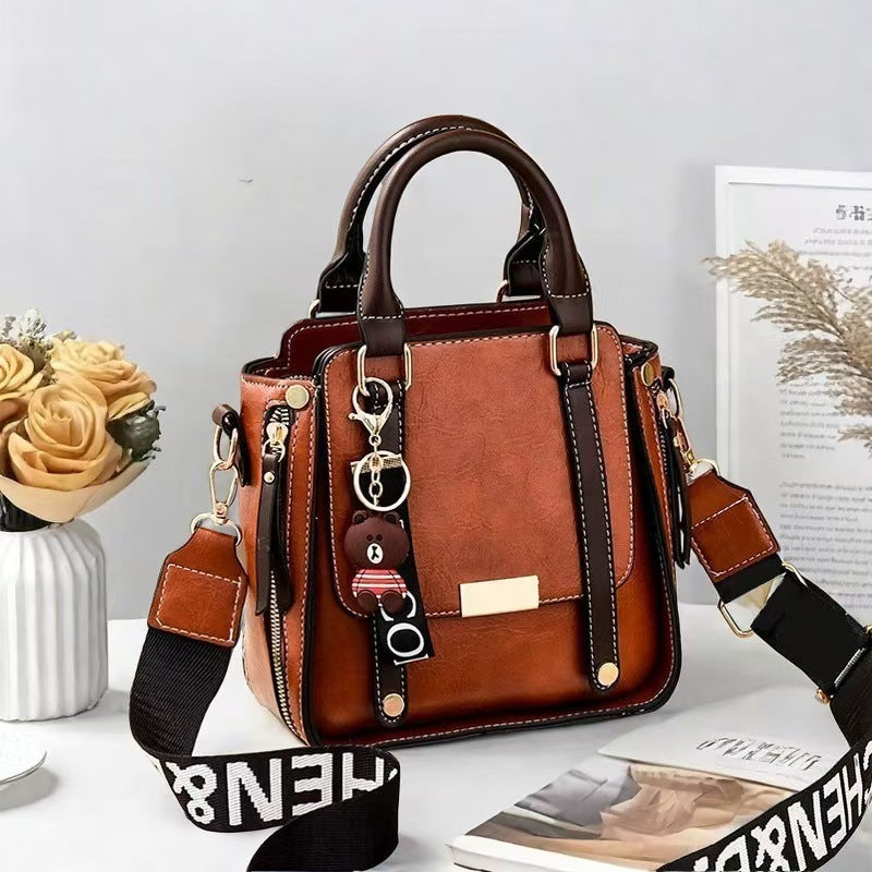Caramel Trendy Vertical Square PU Leather Moto Crossbody Bag &amp; Tote with 5-Pocket Organized Compartments &amp; Adjustable Strap