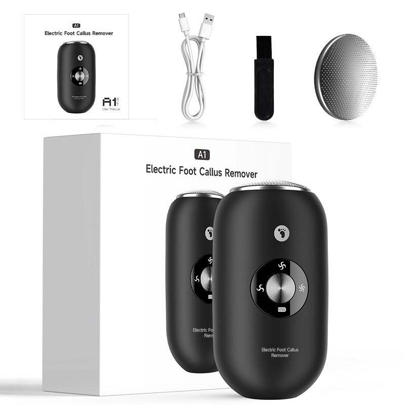 Black A1 Compact Electric Foot Dead Skin and Callus Remover - IPX6 Pedicure Tool with 3-Speed Mode &amp; Dual 360°Rotating Stainless Steel Heads