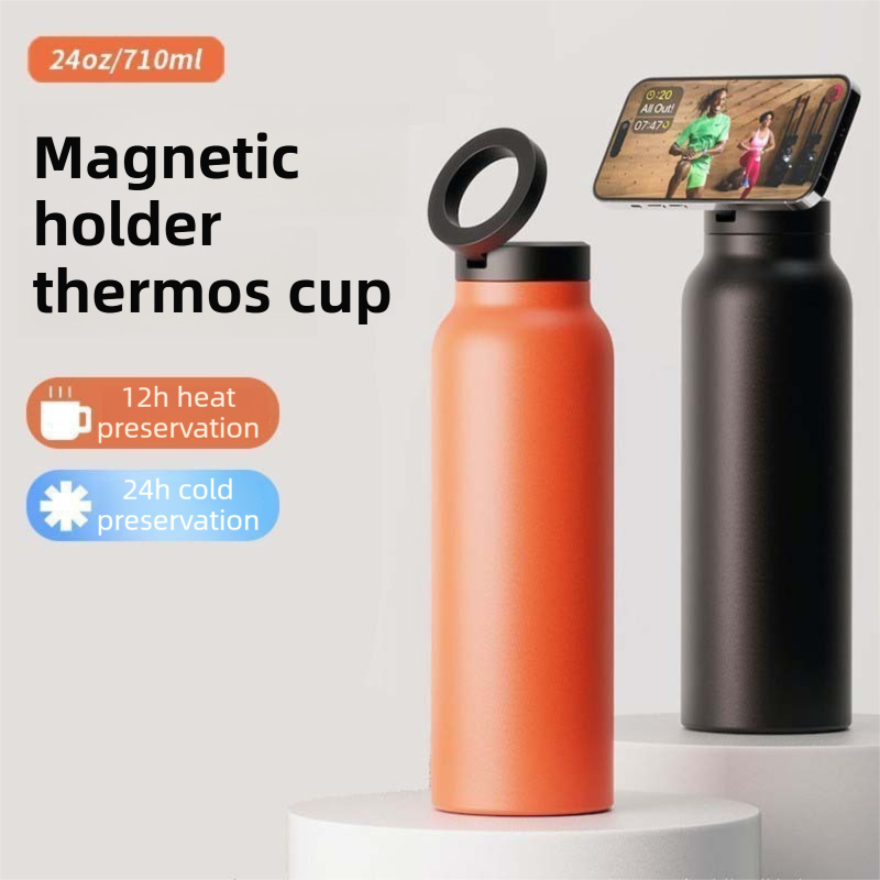 Orange 24oz Stainless Steel Insulated Water Bottle With 90° Adjustable Vertical/Horizontal Magnetic Phone Holder - Ringo Style Magnetic Lid Sport Flask