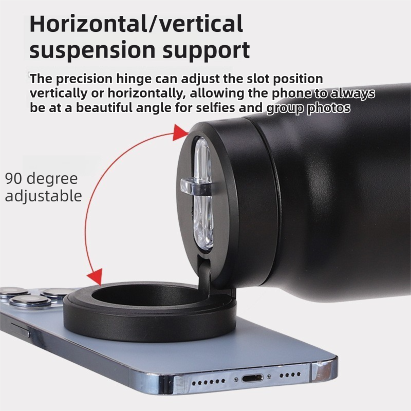 Sliver 24oz Stainless Steel Insulated Water Bottle With 90° Adjustable Vertical/Horizontal Magnetic Phone Holder - Ringo Style Magnetic Lid Sport Flask