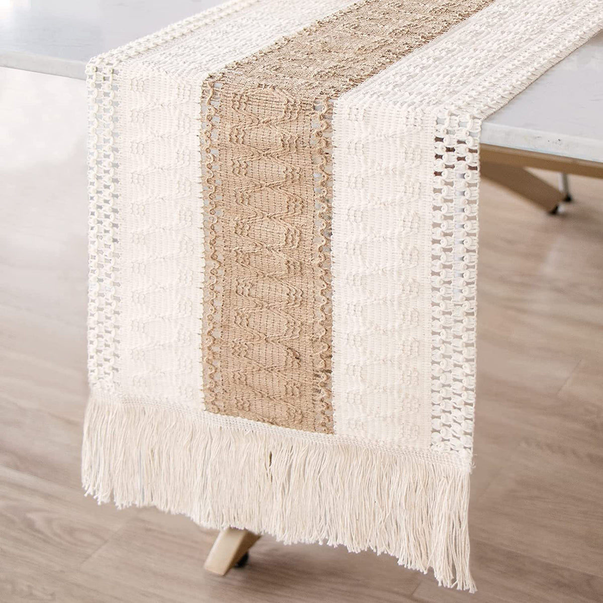 White-Brown Bohemian Woven Dining Mat with Tassels(30X50CM) - Wrinkle-Resistant Striped Placemat for Wedding, Holiday &amp; Outdoor Party