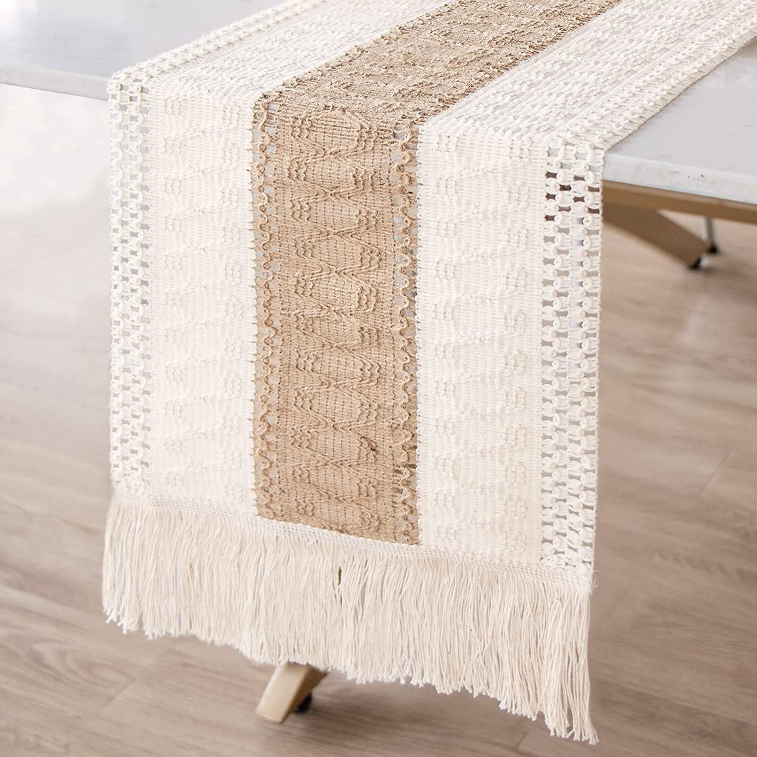 White-Brown Bohemian Woven Dining Mat with Tassels(30X50CM) - Wrinkle-Resistant Striped Placemat for Wedding, Holiday & Outdoor Party