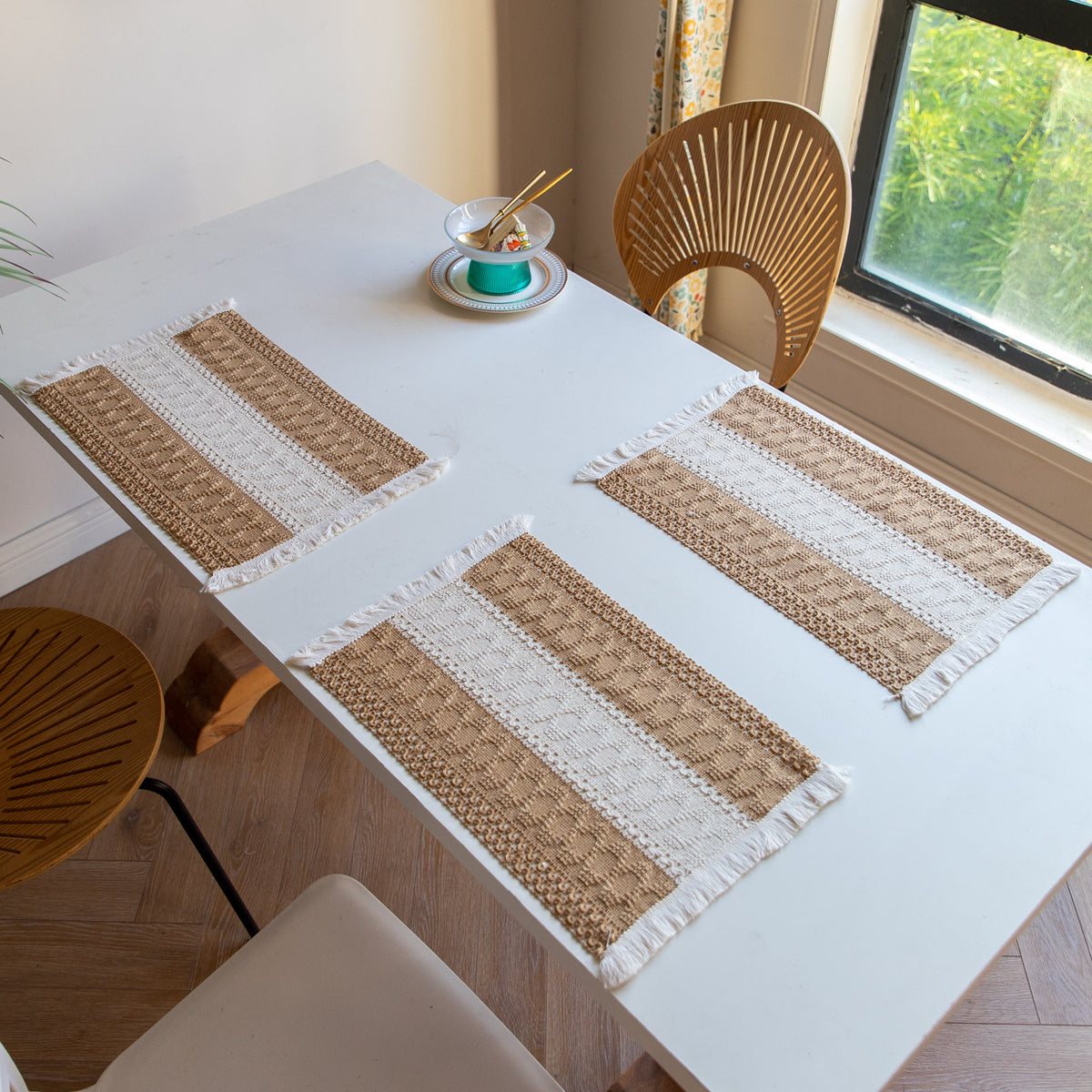 White-Brown Bohemian Woven Dining Mat with Tassels(30X50CM) - Wrinkle-Resistant Striped Placemat for Wedding, Holiday & Outdoor Party