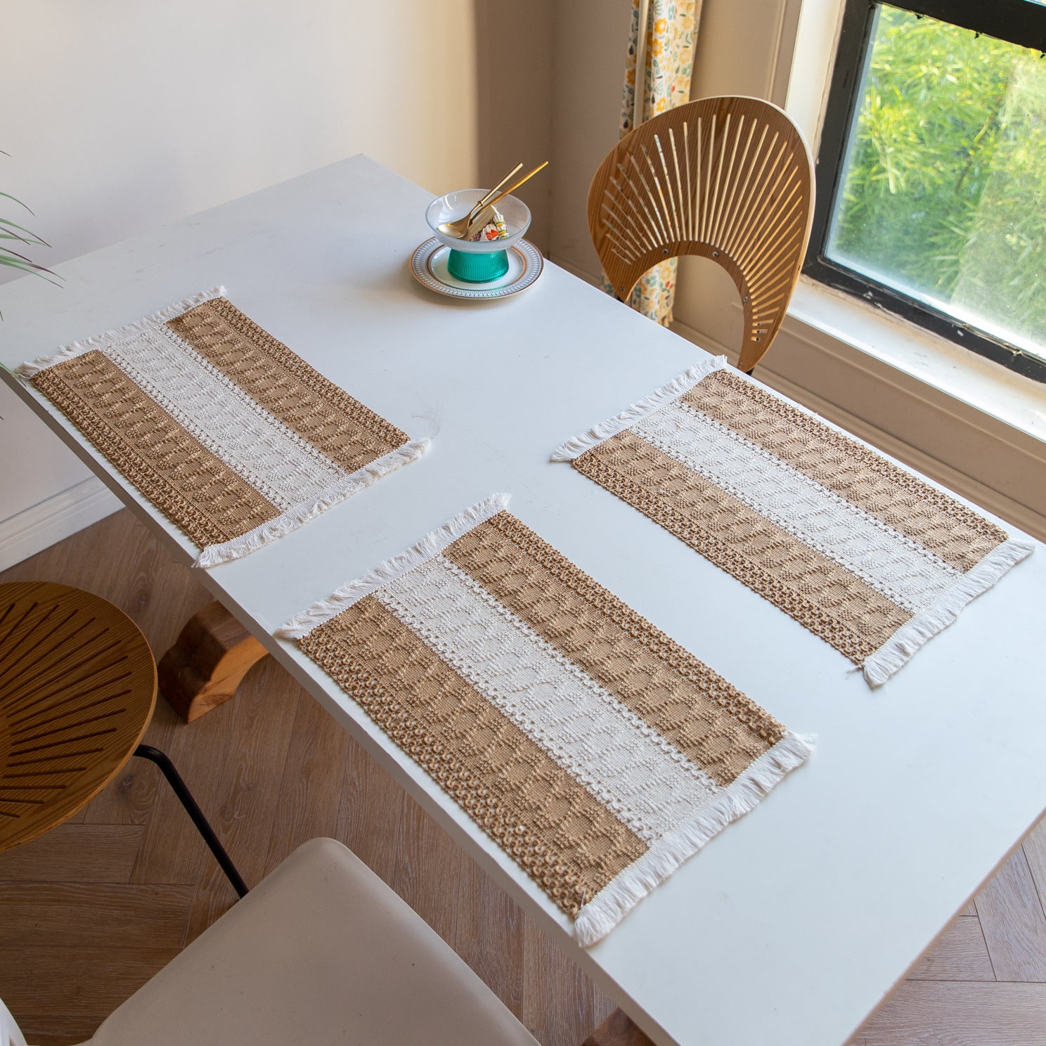 White-Brown Bohemian Woven Dining Mat with Tassels(30X50CM) - Wrinkle-Resistant Striped Placemat for Wedding, Holiday & Outdoor Party