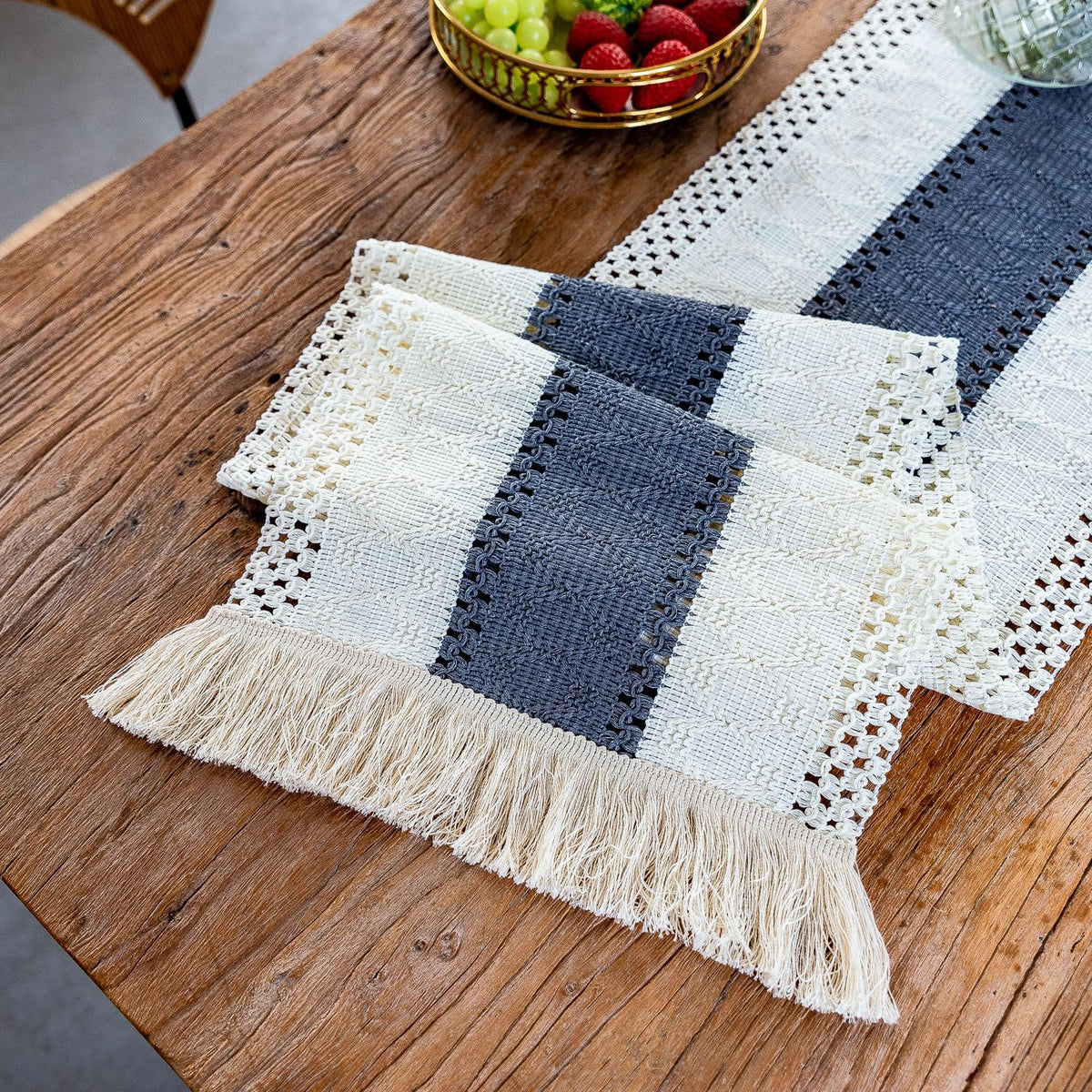 White-Grey Bohemian Woven Dining Mat with Tassels(30X50CM) - Wrinkle-Resistant Striped Placemat for Wedding, Holiday &amp; Outdoor Party