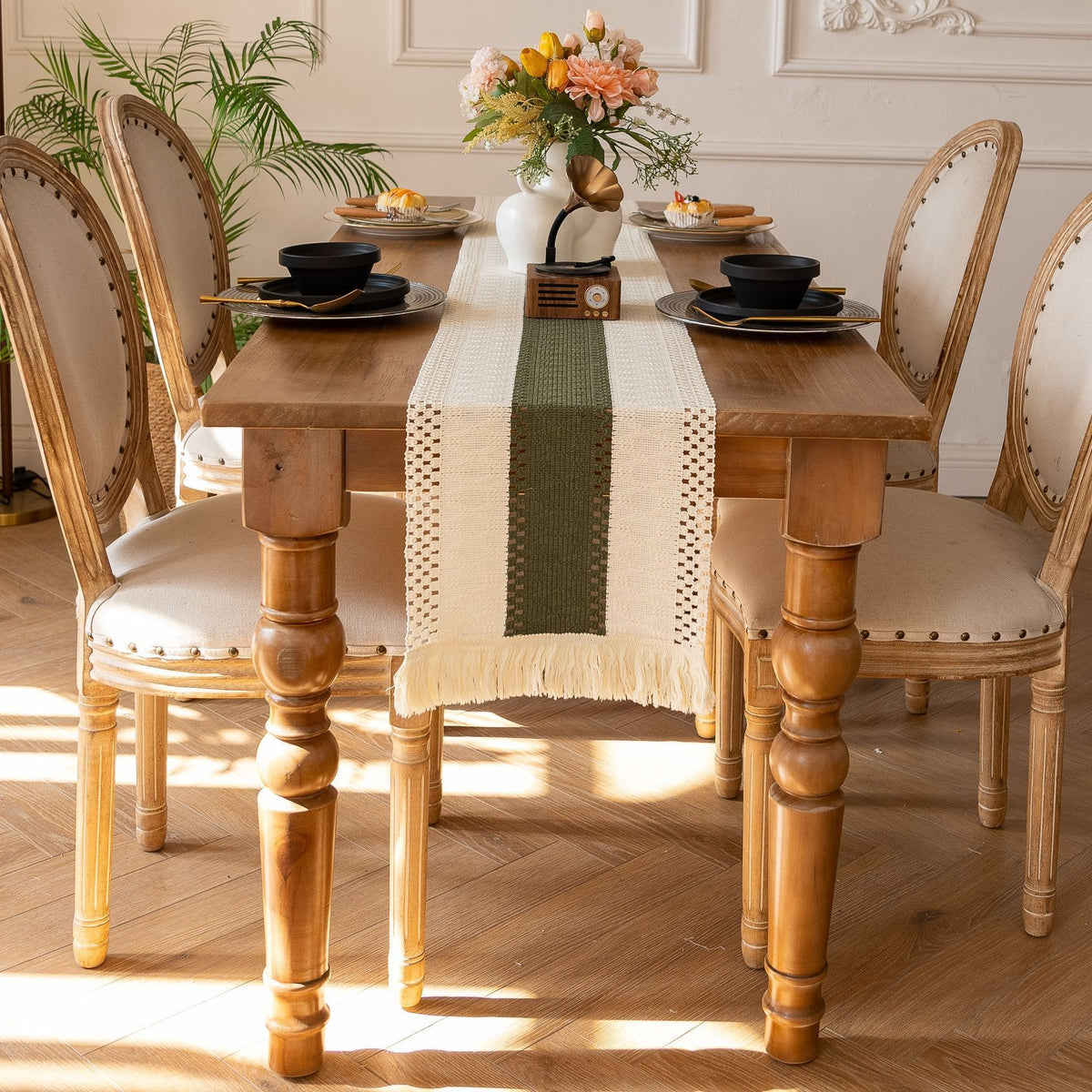 White-Green Bohemian Woven Dining Mat with Tassels(30X50CM) - Wrinkle-Resistant Striped Placemat for Wedding, Holiday &amp; Outdoor Party