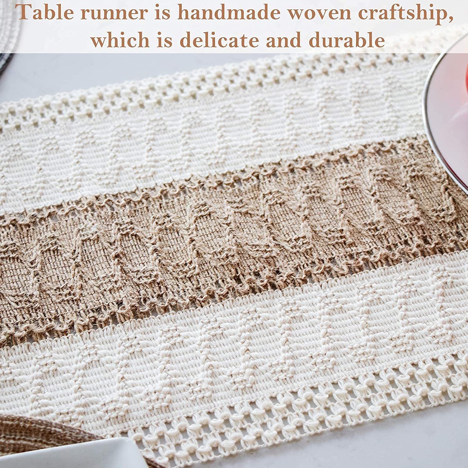 White-Green Bohemian Woven Table Runner with Tassels(30X183CM) - Wrinkle-Resistant Striped Table Scarf for Wedding, Holiday & Outdoor Party