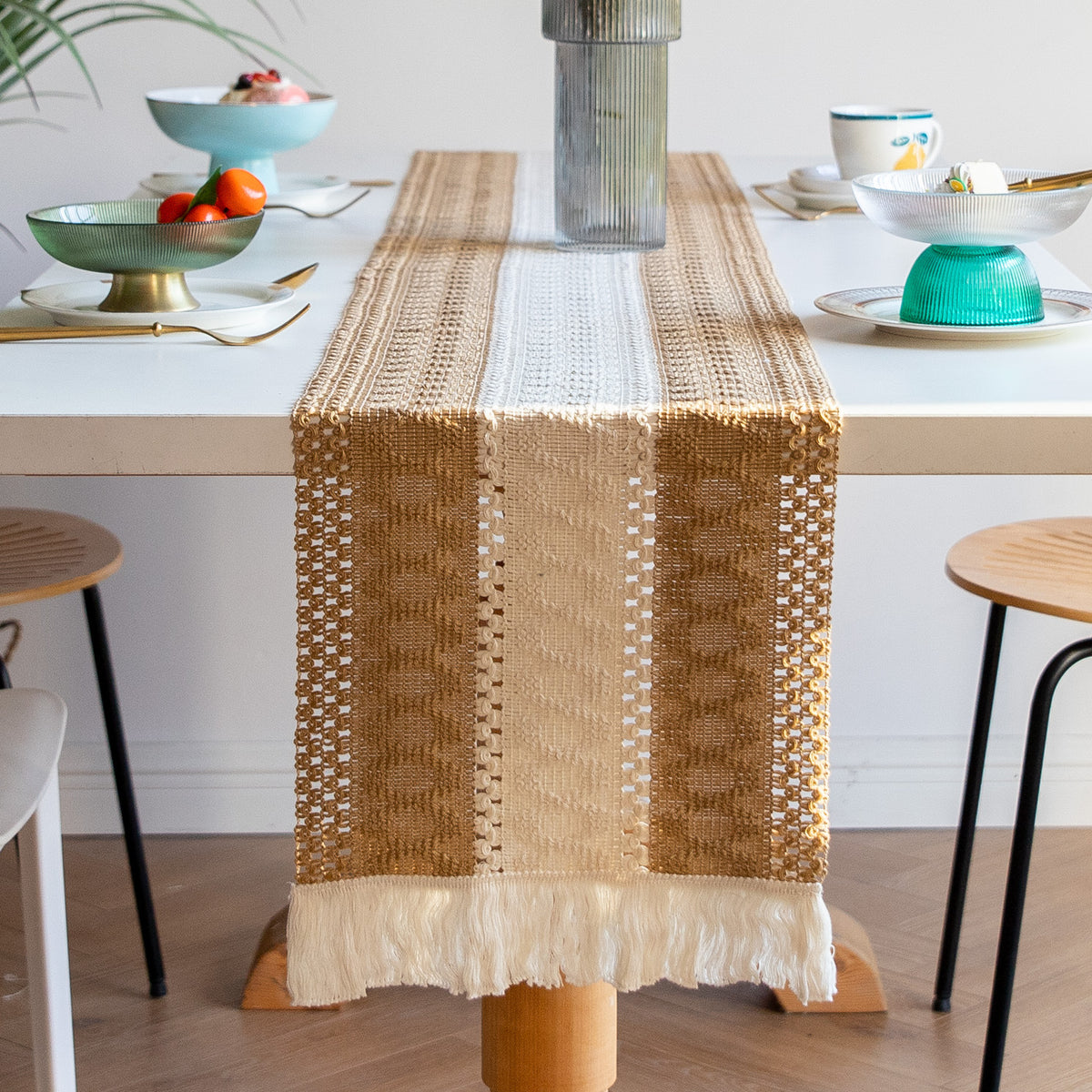 White-Green Bohemian Woven Table Runner with Tassels(30X183CM) - Wrinkle-Resistant Striped Table Scarf for Wedding, Holiday & Outdoor Party