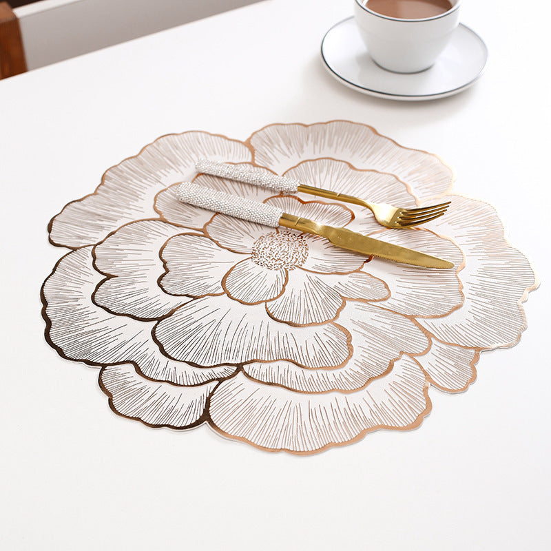 4-Pack Rose-Gold Luxury Bronzing Floral Heat-Insulated Placemats - Peony Style Anti-Slip &amp; Waterproof PVC Table Mats(38x38CM)
