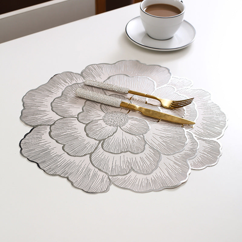 4-Pack Sliver Luxury Bronzing Floral Heat-Insulated Placemats - Peony Style Anti-Slip &amp; Waterproof PVC Table Mats(38x38CM)