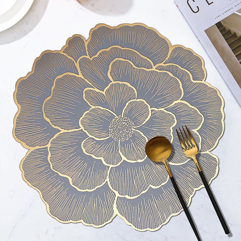 4-Pack Gold &amp; Grey Luxury Bronzing Floral Heat-Insulated Placemats - Peony Style Anti-Slip &amp; Waterproof PVC Table Mats(38x38CM)