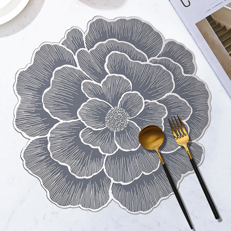 4-Pack Sliver &amp; Grey Luxury Bronzing Floral Heat-Insulated Placemats - Peony Style Anti-Slip &amp; Waterproof PVC Table Mats(38x38CM)