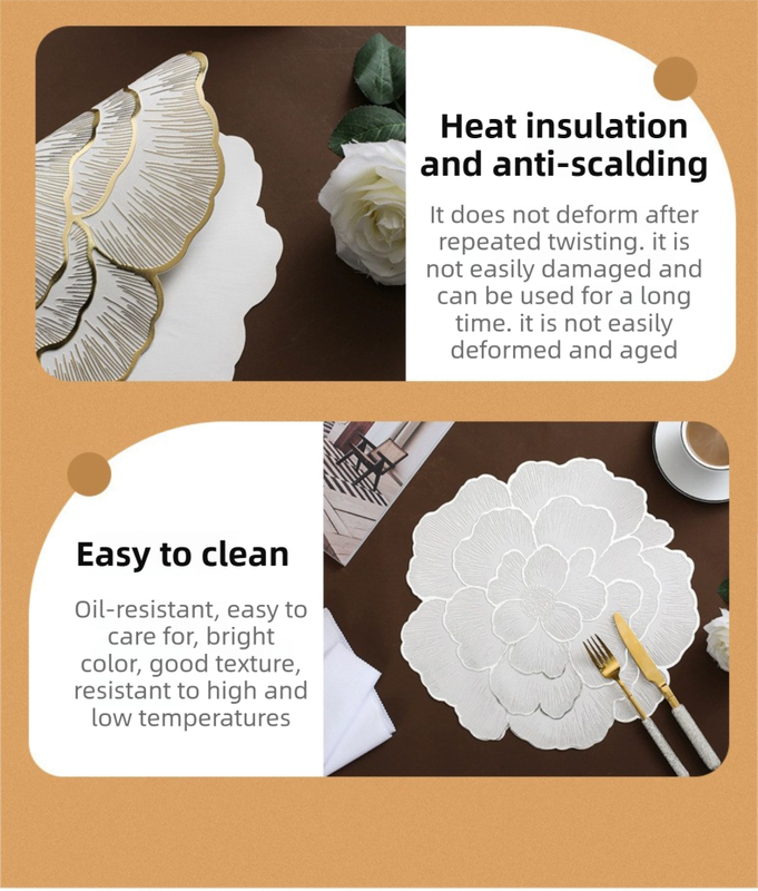 4-Pack Gold Luxury Bronzing Floral Heat-Insulated Placemats - Lotus Style Anti-Slip & Waterproof PVC Table Mats(38x38CM)