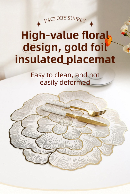 4-Pack Rose-Gold Luxury Bronzing Floral Heat-Insulated Placemats - Lotus Style Anti-Slip & Waterproof PVC Table Mats(38x38CM)