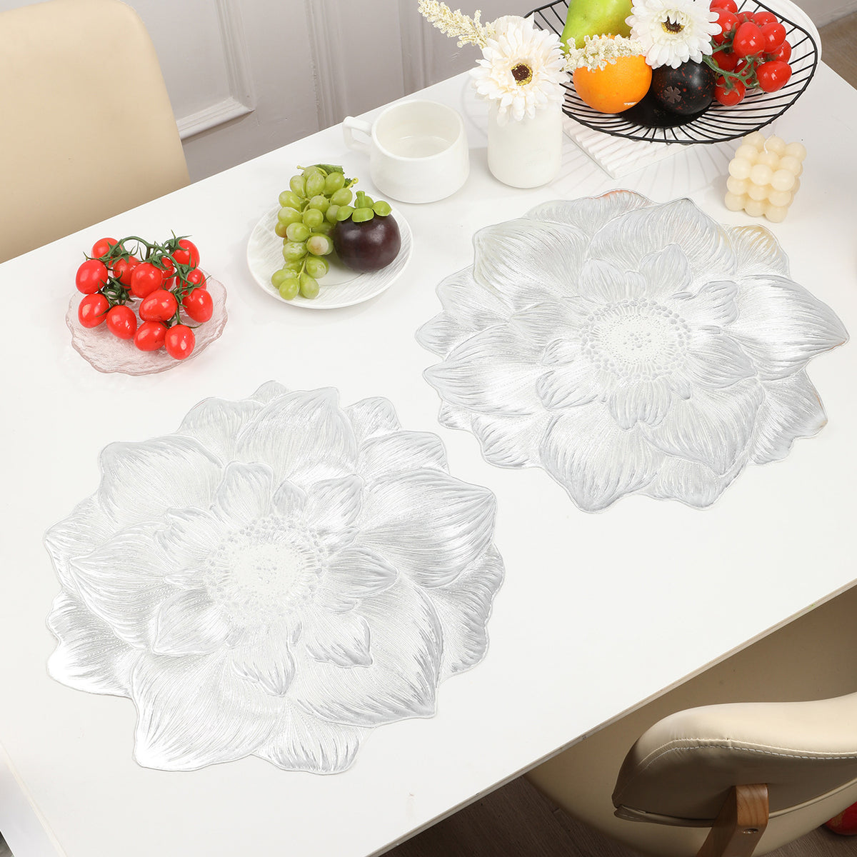 4-Pack Sliver Luxury Bronzing Floral Heat-Insulated Placemats - Lotus Style Anti-Slip &amp; Waterproof PVC Table Mats(38x38CM)