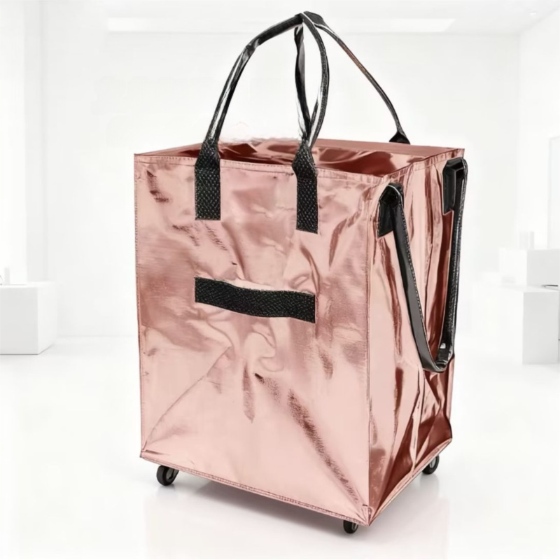 Rose-Gold Portable Folding Shopping Trolley Bag(50x40x30CM) - Durable Woven Fabric, Reusable Grocery Bag with Wheels for Effortless Travel