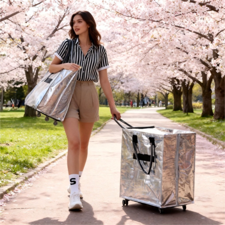 Rose-Gold Portable Folding Shopping Trolley Bag(50x40x30CM) - Durable Woven Fabric, Reusable Grocery Bag with Wheels for Effortless Travel