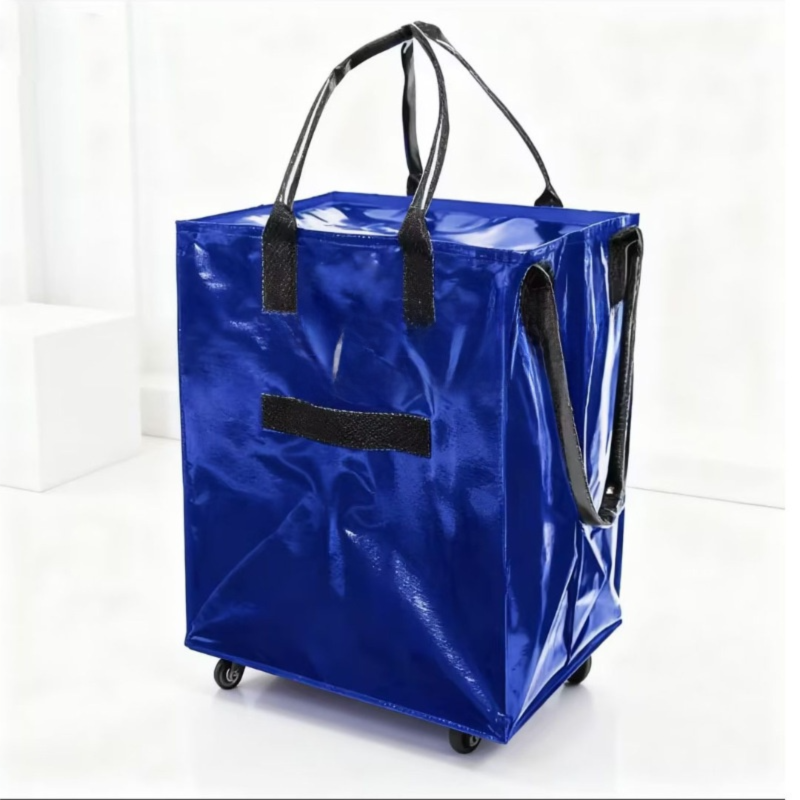 Blue Portable Folding Shopping Trolley Bag(50x40x30CM) - Durable Woven Fabric, Reusable Grocery Bag with Wheels for Effortless Travel