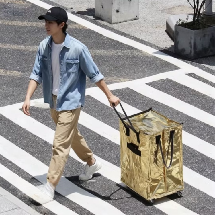 Blue Portable Folding Shopping Trolley Bag(50x40x30CM) - Durable Woven Fabric, Reusable Grocery Bag with Wheels for Effortless Travel