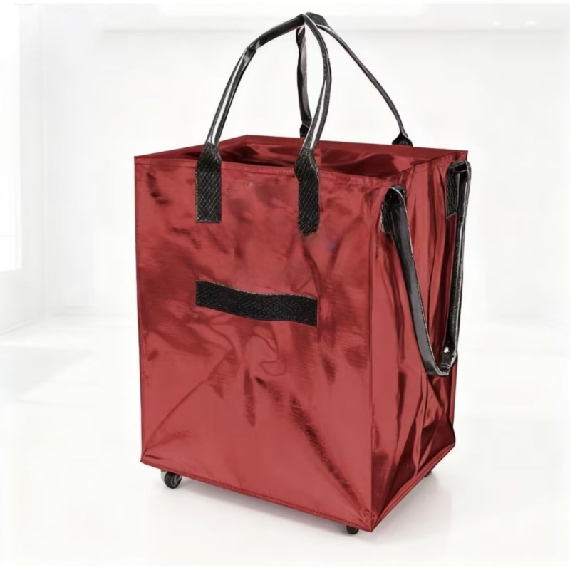 Red Portable Folding Shopping Trolley Bag(50x40x30CM) - Durable Woven Fabric, Reusable Grocery Bag with Wheels for Effortless Travel