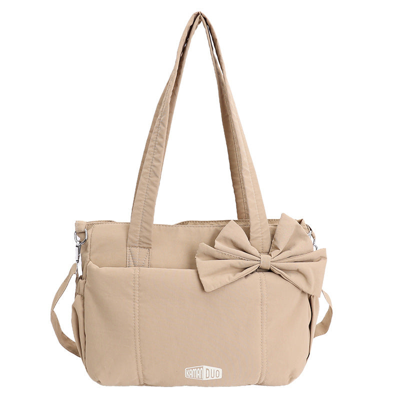 Khaki Puffy Quilted Nylon Hobo &amp; Crossbody Bag with Cute Bowknot - Trendy Large-Capacity Handbag with Multiple Compartments