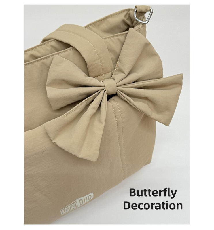 Khaki Puffy Quilted Nylon Hobo & Crossbody Bag with Cute Bowknot - Trendy Large-Capacity Handbag with Multiple Compartments