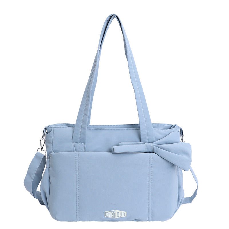 Blue Puffy Quilted Nylon Hobo &amp; Crossbody Bag with Cute Bowknot - Trendy Large-Capacity Handbag with Multiple Compartments