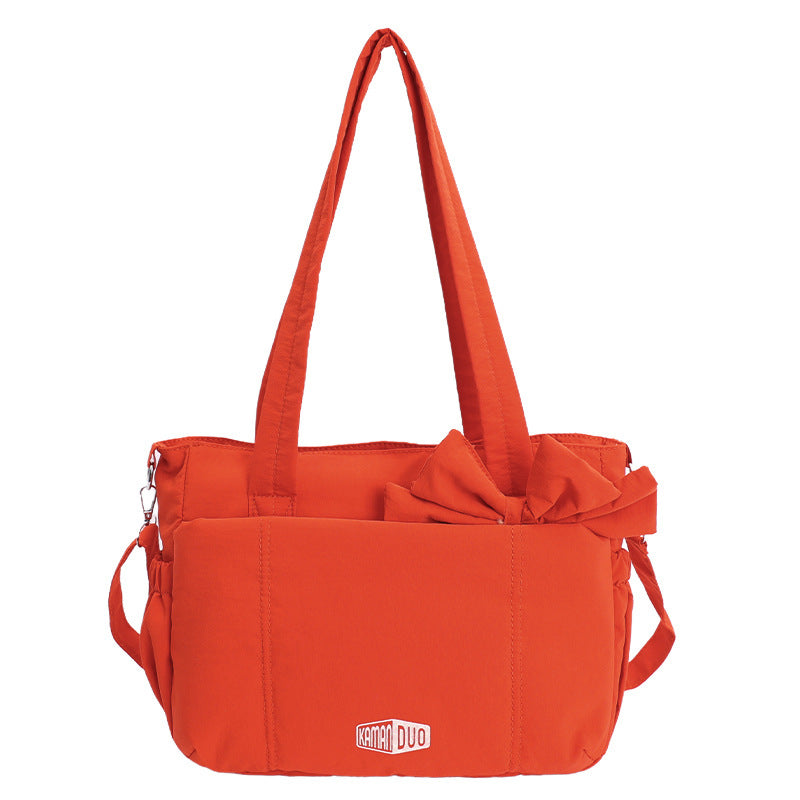 Red Puffy Quilted Nylon Hobo & Crossbody Bag with Cute Bowknot - Trendy Large-Capacity Handbag with Multiple Compartments