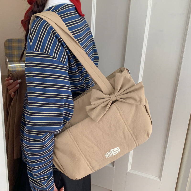 Red Puffy Quilted Nylon Hobo & Crossbody Bag with Cute Bowknot - Trendy Large-Capacity Handbag with Multiple Compartments