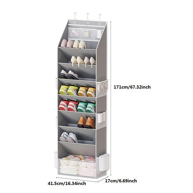 Grey 8-Tier Over-the-Door Shoe Organizer with 7 Slanted & 1 Flat & 6 Side Pockets - Multi-Functional Wall Mount  for Shoes, Bags and Towels