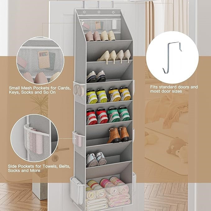 Grey 8-Tier Over-the-Door Shoe Organizer with 7 Slanted & 1 Flat & 6 Side Pockets - Multi-Functional Wall Mount  for Shoes, Bags and Towels