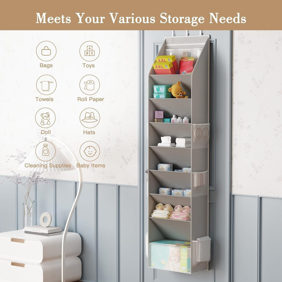 Grey 8-Tier Over-the-Door Shoe Organizer with 7 Slanted & 1 Flat & 6 Side Pockets - Multi-Functional Wall Mount  for Shoes, Bags and Towels