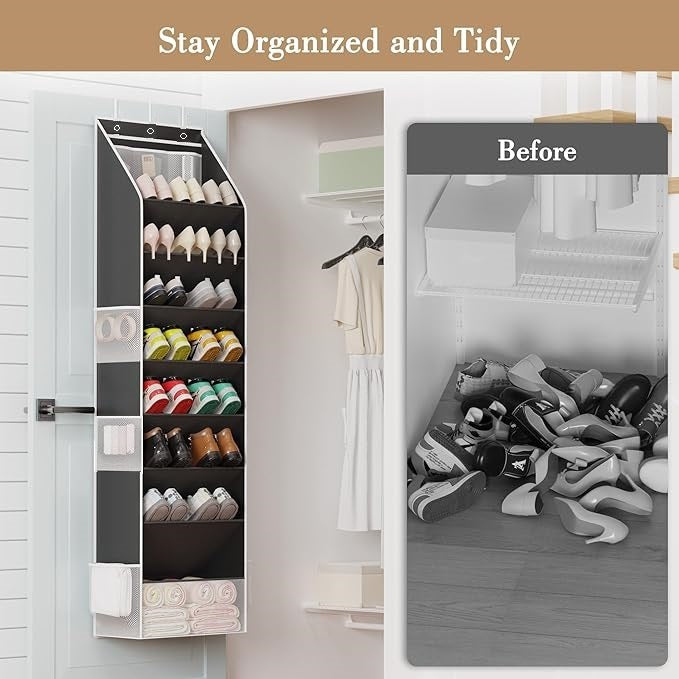 Grey 8-Tier Over-the-Door Shoe Organizer with 7 Slanted & 1 Flat & 6 Side Pockets - Multi-Functional Wall Mount  for Shoes, Bags and Towels