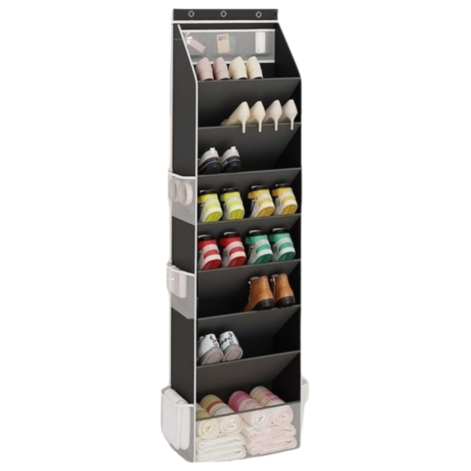 Black 8-Tier Over-the-Door Shoe Organizer with 7 Slanted &amp; 1 Flat &amp; 6 Side Pockets - Multi-Functional Wall Mount  for Shoes, Bags and Towels