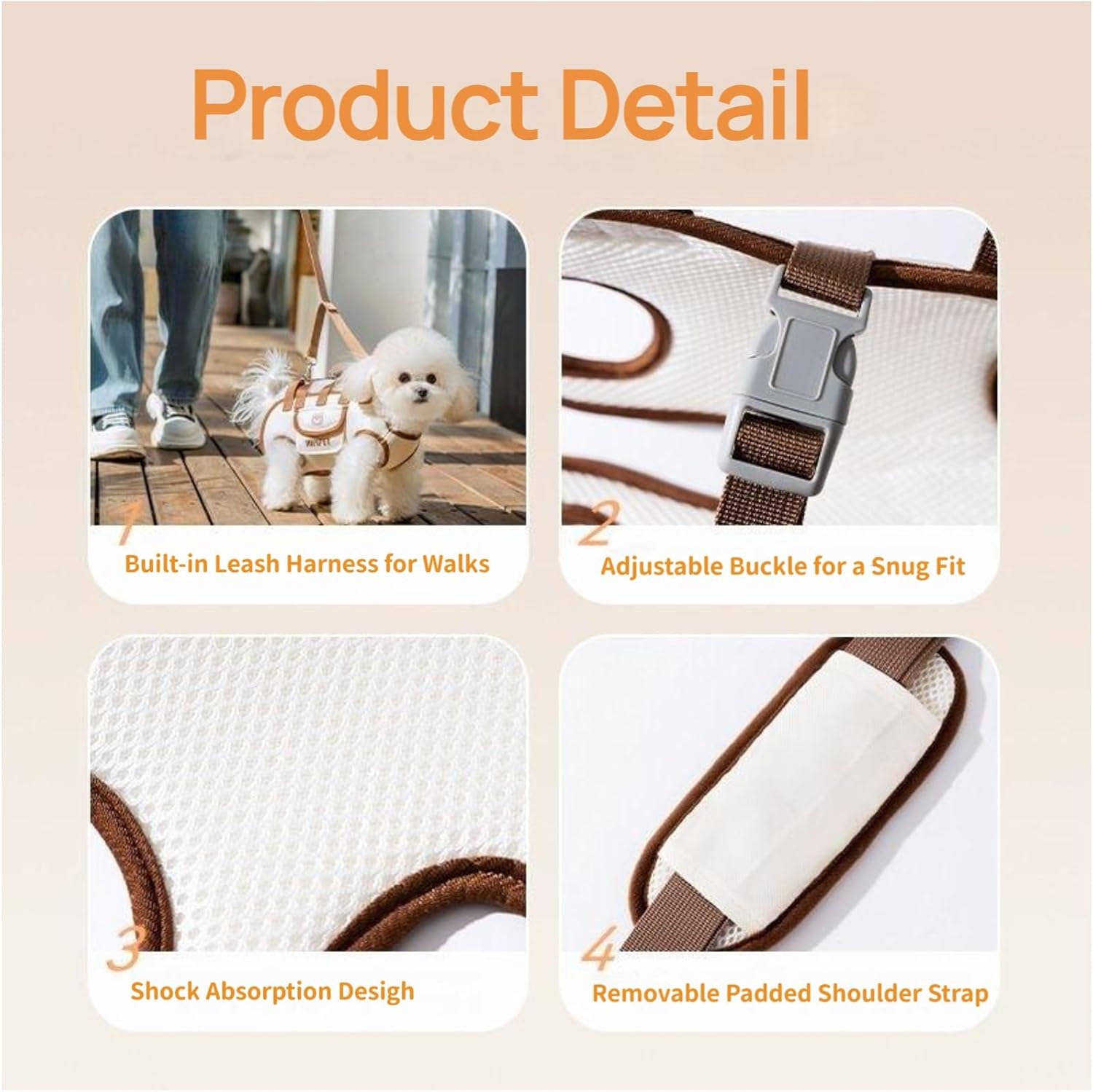 Beige 4-in-1 Multi-Functional Pet Carrier Bag with Detachable Strap & 1.5M Traction Rope - Lightweight Breathable Travel Sling for Cats & Dogs - Sizes S(Up to 4kg)