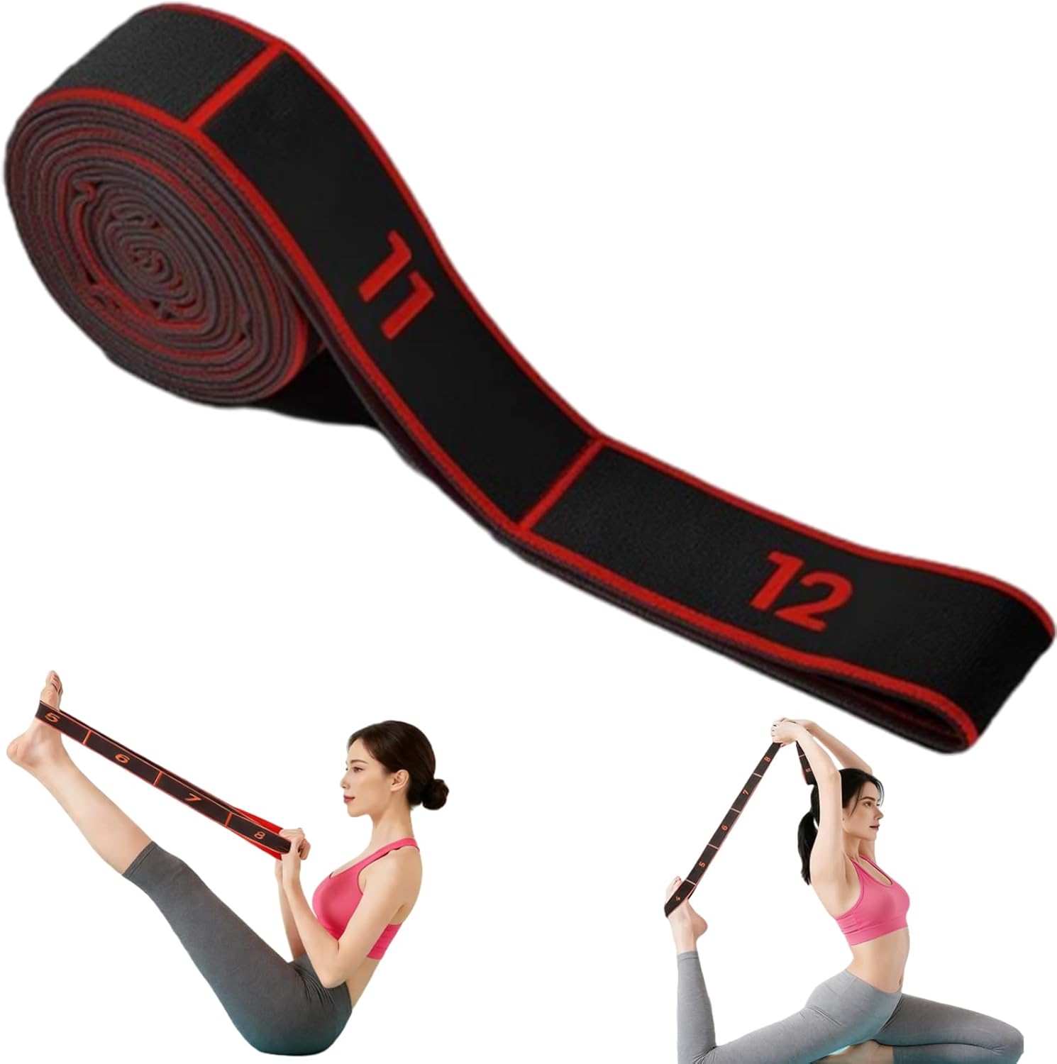 2-Pack Black-Red 12-Loop Numbered Yoga Stretch Strap(4x138CM) - Durable Multi-Segment Resistance Fitness Band for Pilates & Gym
