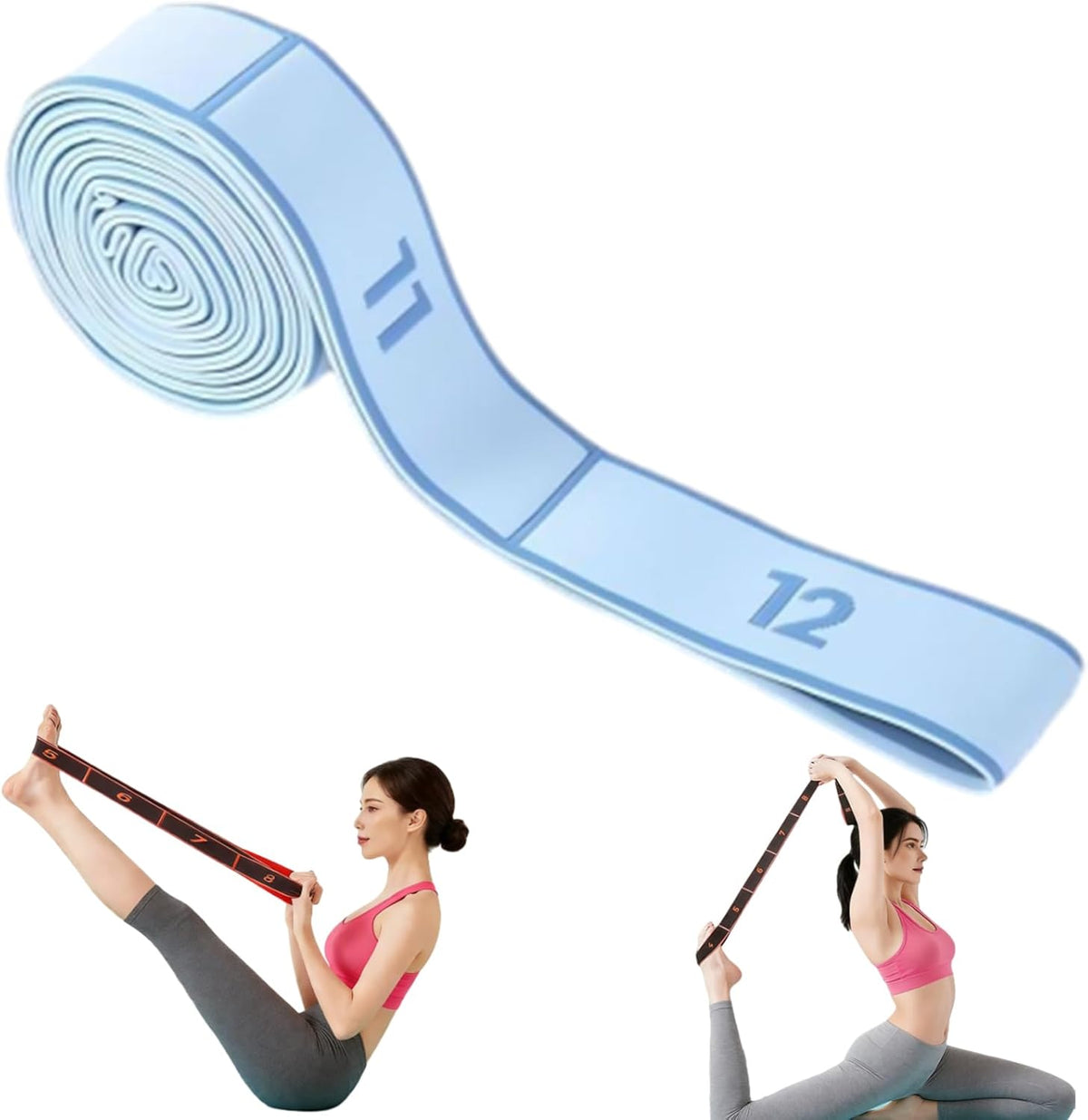 2-Pack Blue 12-Loop Numbered Yoga Stretch Strap(4x138CM) - Durable Multi-Segment Resistance Fitness Band for Pilates &amp; Gym