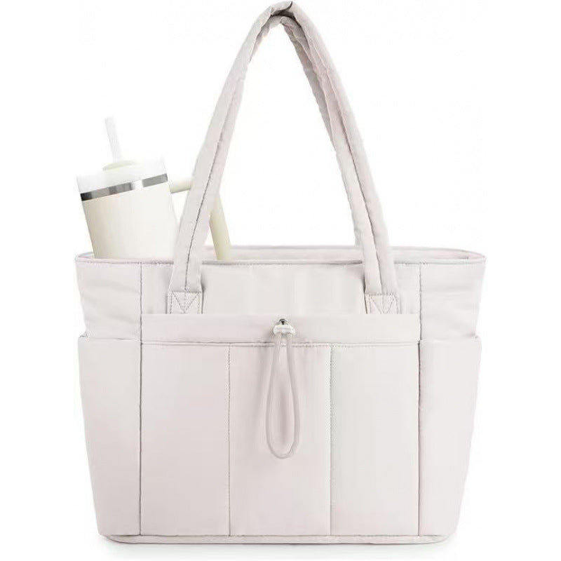 White Quilted Puffer Nylon Tote/Laptop Bag for Women with Internal Cup Holder and Front &amp; Side Pockets - Multi-Pocket Travel Handbag Fit in 15.7" Laptop