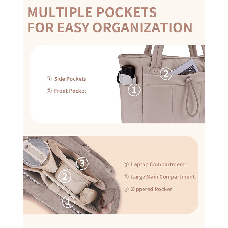 White Quilted Puffer Nylon Tote/Laptop Bag for Women with Internal Cup Holder and Front & Side Pockets - Multi-Pocket Travel Handbag Fit in 15.7" Laptop