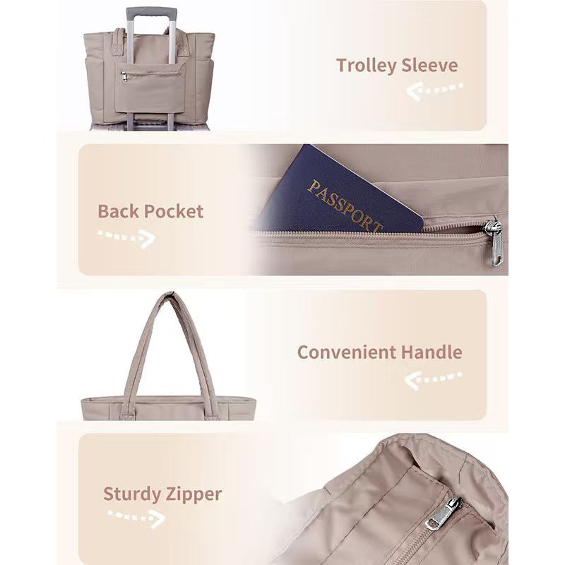 White Quilted Puffer Nylon Tote/Laptop Bag for Women with Internal Cup Holder and Front & Side Pockets - Multi-Pocket Travel Handbag Fit in 15.7" Laptop