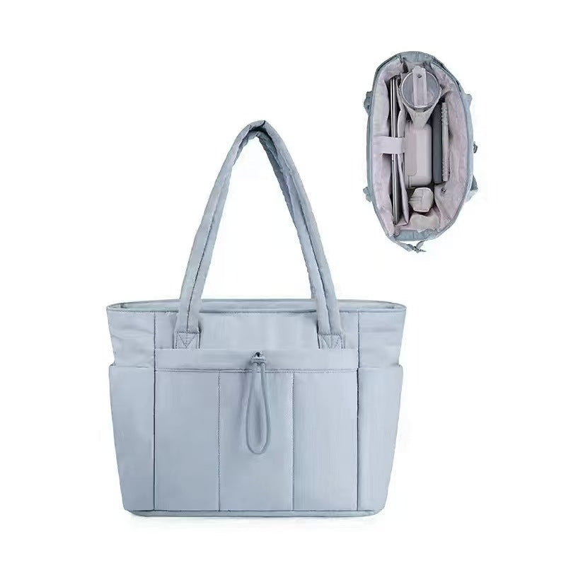 Blue Quilted Puffer Nylon Tote/Laptop Bag for Women with Internal Cup Holder and Front &amp; Side Pockets - Multi-Pocket Travel Handbag Fit in 15.7" Laptop