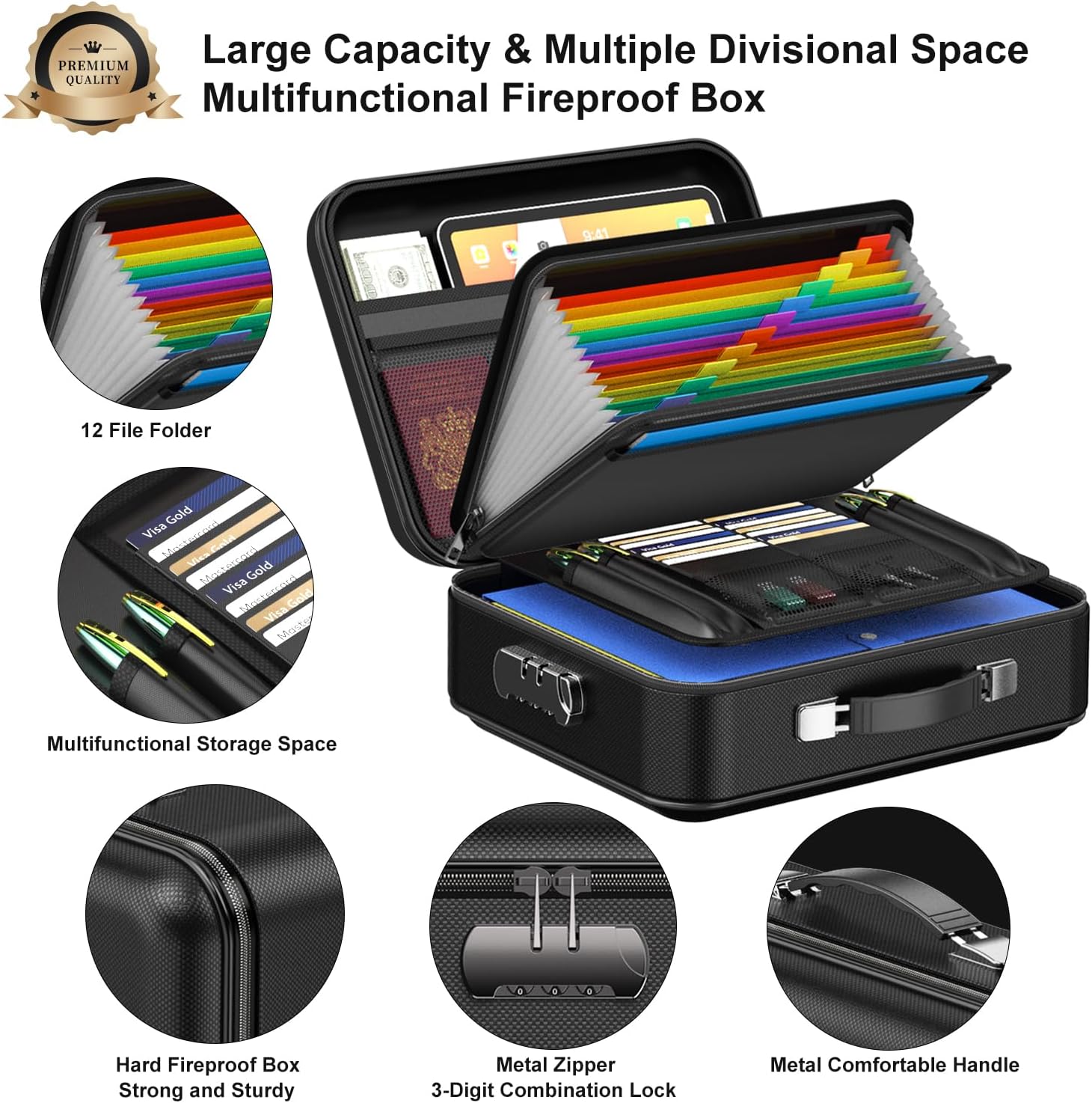 3-Layer Fireproof & Waterproof File Organizer Box(38x28x13CM) with Security Lock - EVA Muti-Functional Safety Briefcase for Certificates, Passports & Valuables