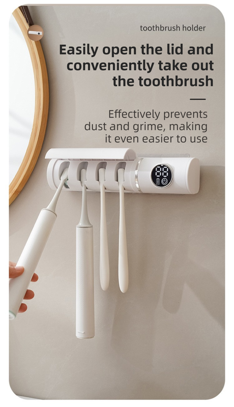 White 4-Slot Compact UV Toothbrush Sanitizer with Turbo Drying Fan & LCD Display - Anti-Dust Toothbrush Holder, 10-Minute One-Touch Deep Clean