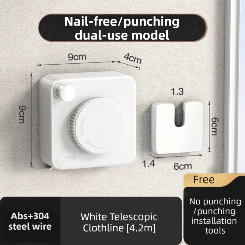 White 4.2M Heavy Duty Invisible Retractable Clothesline - Rustproof &amp; Drill-Free Laundry Hanger with 20kg Load Capacity
