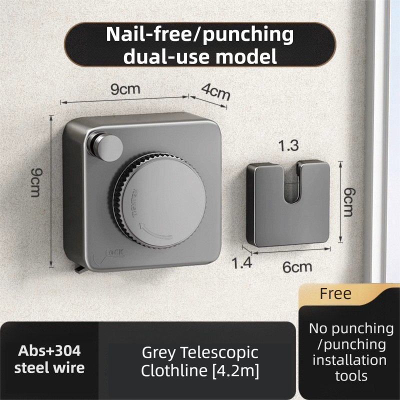 Grey 4.2M Heavy Duty Invisible Retractable Clothesline - Rustproof &amp; Drill-Free Laundry Hanger with 20kg Load Capacity